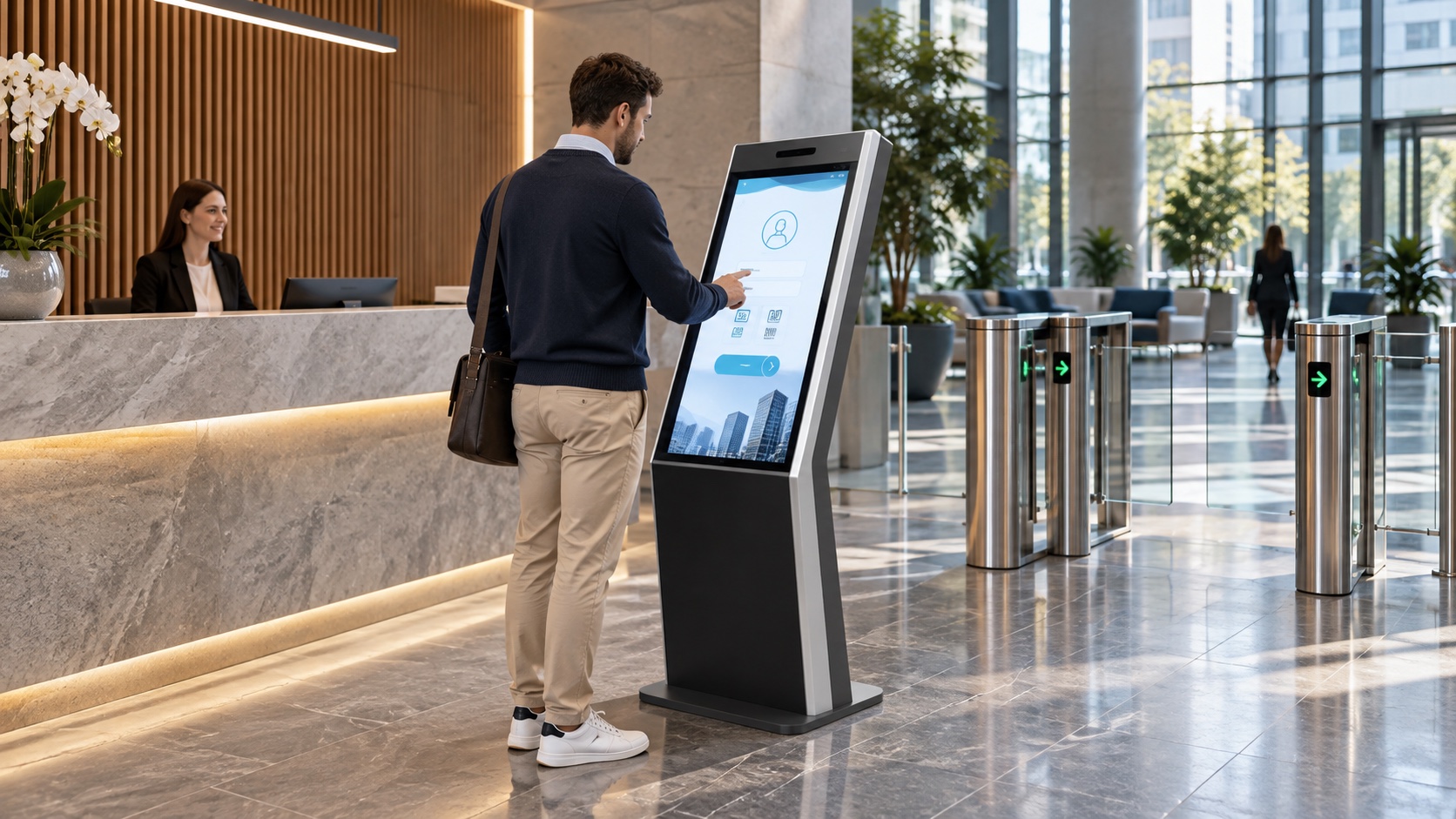 Döntött érintőképernyős vendégbejelentkező terminál a recepció és az irodai beléptetőkapuk között